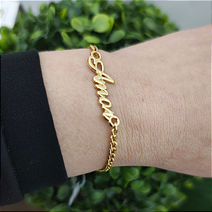 Pulseira Correntaria grumed pp com placa amor Folheada em Ouro