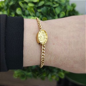 Pulseira Correntaria grumed pp com placa nossa senhora das Graças Folheada em Ouro