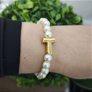 Pulseira pérolas com passador cruz Franciscana ( São Francisco) folheado em ouro