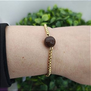 Pulseira Correntaria veneziana pp dourada com bolinha resina marrom escuro - folheado em ouro ( P, M ou G)