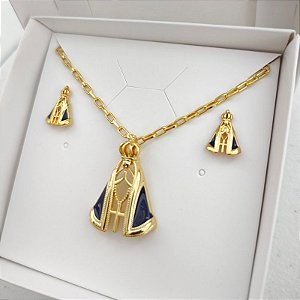 KIT NOSSA SENHORA AZUL - Colar correntaria com pingente de Nossa senhora 45 cm + Brincos tarracha com imagem folheado em ouro