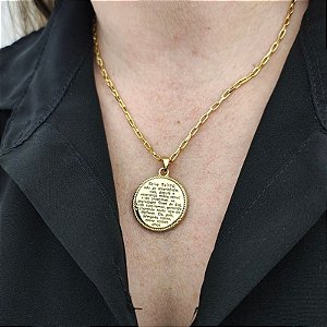 Colar correntaria italia pp com pingente medalha com a oração Salve Rainha Folheado em ouro 40 cm