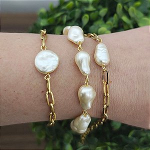 Mix 1 - 3 Pulseiras correntarias com detalhes pérolas ( orgânicas artificiais) - folheado( P, M ou G)