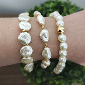 Mix 4 - 3 Pulseiras correntarias com detalhes pérolas ( orgânicas artificiais) - folheado( P, M ou G)