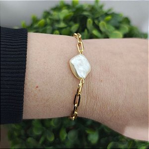 Pulseira correntaria italia P com uma pérola barroca Folheado em Ouro ( pérolas artificiais)