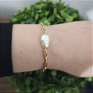 Pulseira correntaria italia M com detalhe de 1 pérola barroca folheado em ouro