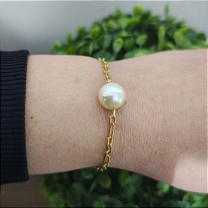 Pulseira correntaria italia especial com detalhe de 1 pérola redonda 10 mm folheado em ouro