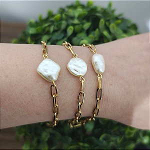 Mix 5- 3 Pulseiras correntarias com detalhes pérolas ( orgânicas artificiais) - folheado( P, M ou G)