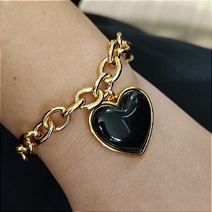 Pulseira Correntaria com coração Coração Preto Folheado em ouro