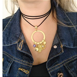 Colar Mandala com Camurça e patuás folheado em ouro
