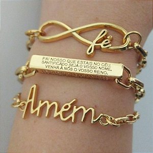 Mix Pulseiras Correntaria 3 pulseiras fé , pai nosso e amém  Folheado em ouro Pai Nosso