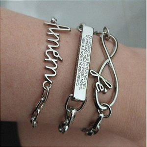 Mix de pulseiras Correntaria folheado em ródio (Prateado) Pai Nosso ( amém, pai nosso e fé)