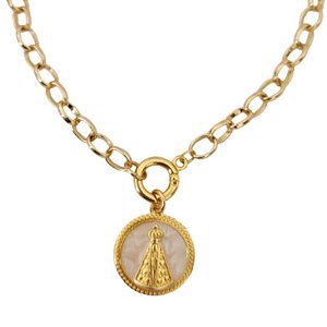 Colar Correntaria Nossa Senhora Aparecida - Resina Nude e dourada
