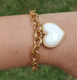 Pulseira Correntaria com coração Coração Branco Folheado em ouro