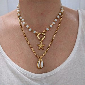 Colar Duplo Cristais branco e búzio  folheado em ouro ( limitado)