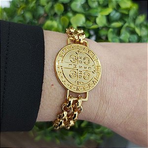 Pulseira Correntaria com Moeda de São Bento folheado em ouro ( P, M ou G)