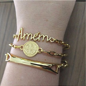 Mix Pulseiras Correntaria Dourada  São Bento + amém -