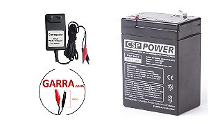 Kit Carregador de Bateria 6Vdc 800mAh+Bateria Selada 6V 4,5AH Recarregável Moto Eletrico e Brinquedos