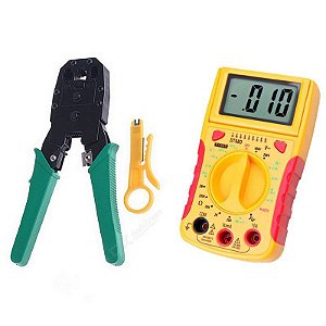 Kit Alicate Crimpar Rj11 Rj12 Rj45 + Multímetro Digital C/ Testador Rede DT68D