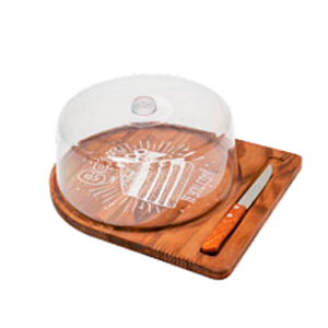 Kit Boleira de Madeira com faquinha (Rústica) Tampa de Acrilico cx c/3 peças R -KBRF