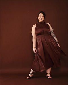 VESTIDO LONGO CRIS MARROM PLUS SIZE