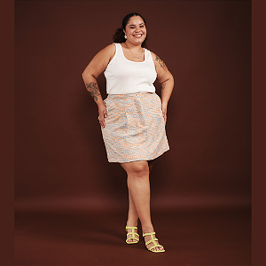 SAIA CURTA TWEED LARANJA e AZUL PLUS SIZE