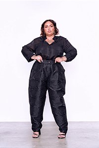 CALÇA ALFAIATARIA BALLON JACQUARD PRETO PLUS SIZE