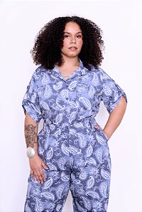 CAMISA MANGA CURTA ESTAMPA BOHEMIA AZUL PLUS SIZE
