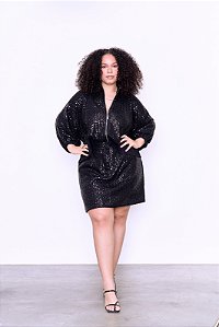 SAIA CURTA PAETÊ FLOR PRETO PLUS SIZE