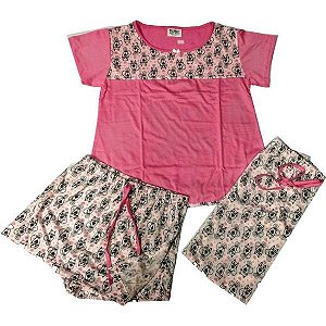 Pijama infantil feminino de malha de algodão pentesda com 3 peças