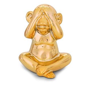 Escultura Decorativa Macaco Cerâmico Dourado (Não vejo) 10x10cm
