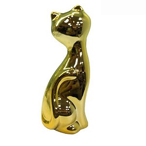 Escultura Decorativa Gato Cerâmico Dourado 10x4x5cm
