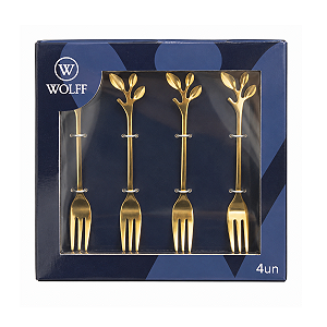 Jogo Garfo Para Aperitivo 4Pç Leaves Dourado Aço Inox Wolff