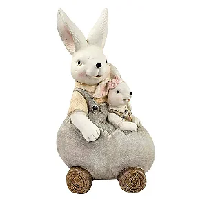 Coelho de Páscoa Em Resina Campestre Com Filha No Carro De Ovo 45cm