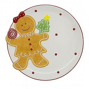 Prato Natalino P/ Sobremesa Ginger Branco/Marrom 21cm  1Unid MP1781