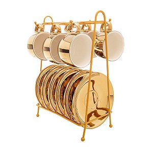 Xícara De Café 90ml Dourado C/Pires E Suporte Poreclana CJ6 18058