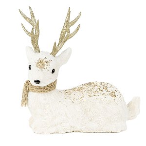 Escultura Rena Deitada Glitter Branco e Ouro 35cm  BC3070