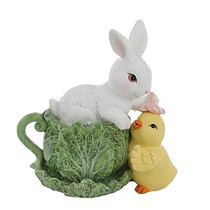 Coelho De Pascoa Flower  Xicara De Alface e Pintinho Resina 16cm 1Unid 1094514