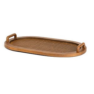Bandeja Decorativa Em Madeira e Rattan 5x50x30cm 22664-G