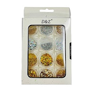 Kit de Glitter Flocado e Fino Dourado e Prata - D&Z