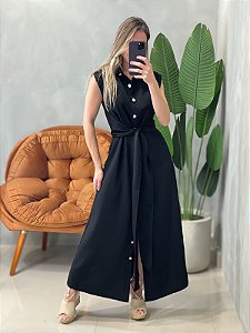 Vestido Longo em Alfaiataria Sensoriale com Botões e Amarração Juliete Ref. 1