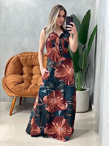 Vestido Longo em Crepe Regata com Bolsos Estampado Ref. 1680