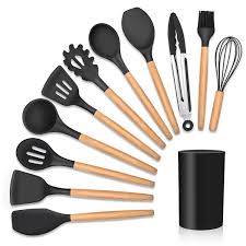 Utensílios Cozinha 12 Pçs Silicone Cabo de Madeira Antiaderente
