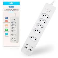 FILTRO DE LINHA 5 TOMADAS 2P+T C/ 2 USB/2 tipo C CABO C/ 2M 10A