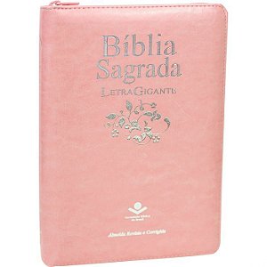Bíblia Sagrada Letra Gigante, Almeida Revista e Corrigida, Couro sintético, Zíper, Rosa Claro