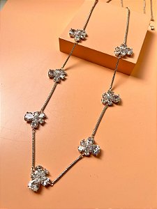 Colar Longo Flores Zircônias Brancas Ródio Branco