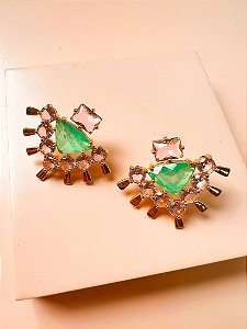 Brinco Leque Triangular Verde e Rosa Ouro