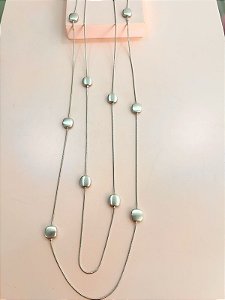 Colar Duplo Longo Quadradinhos Acetinados Ródio Branco