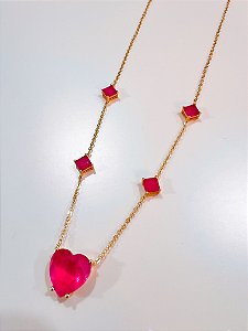 Colar Pedra Fusion Coração Pink Ouro