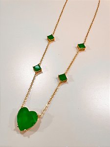 Colar Pedra Fusion Coração Verde Esmeralda Ouro